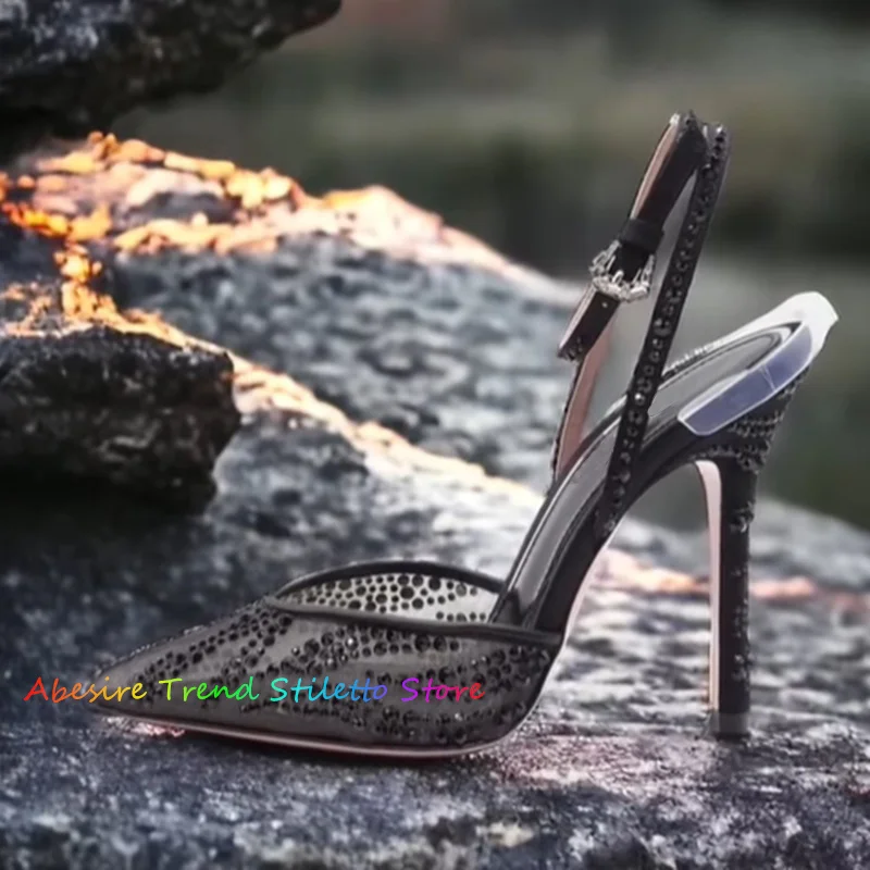 

Mesh Rhinestone Thin Heel High-Heeled Shoes Sexy Pointed Toes Stiletto Heel Buckle Strap Women Formal Party Evening Pumps