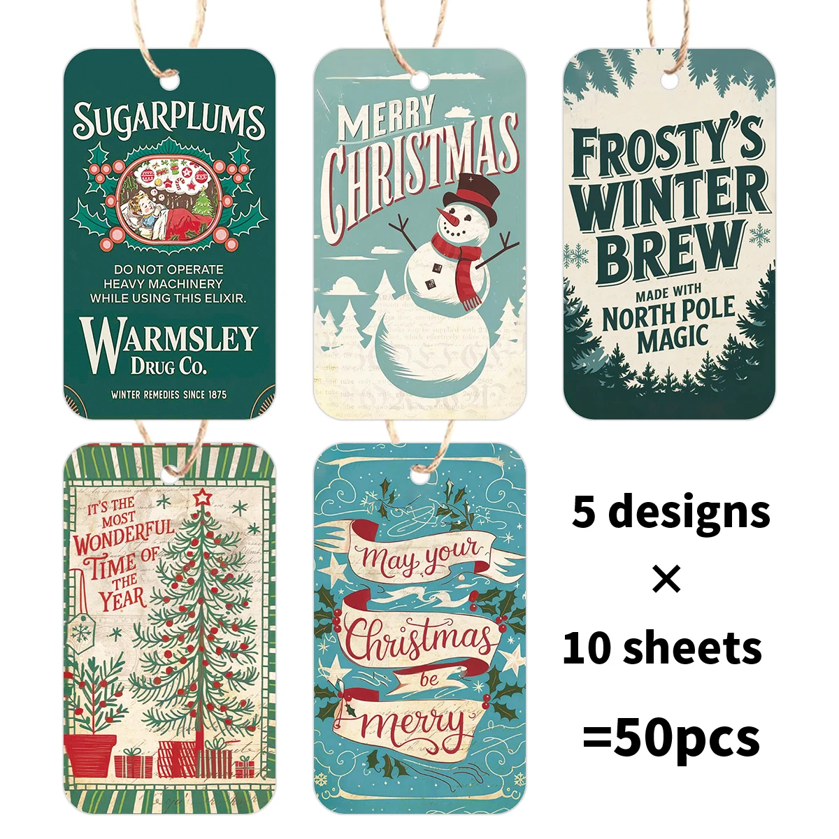 50 Stück Weihnachts-Hängeetiketten mit Seil, für Geschenkverpackungsbeutel, frohe Weihnachtsbäume, Dekoration, Heimparty, Feier, DIY-Dekoration – Detail 3