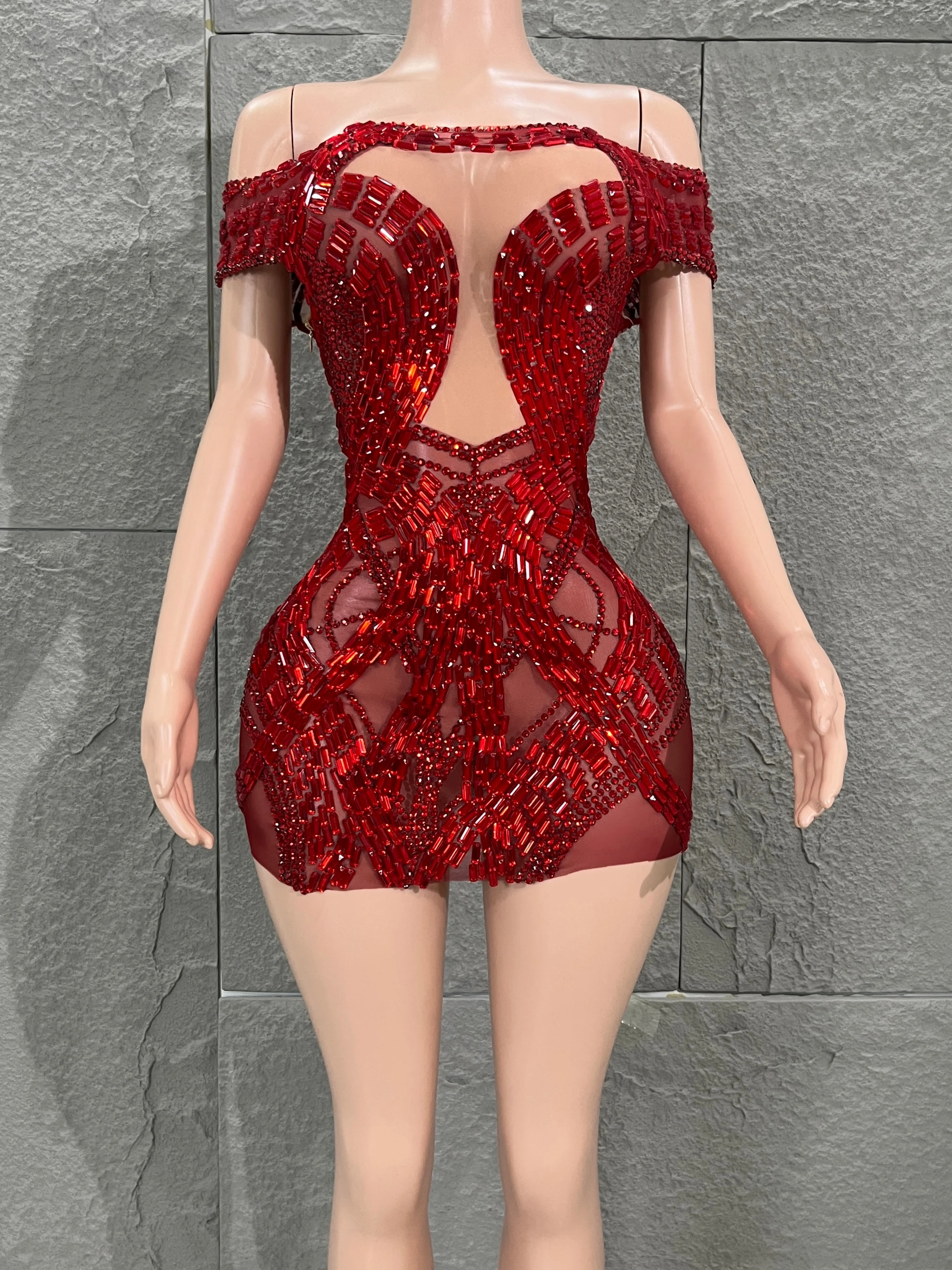 Red Rhinestone Off-Shoulder Dress For Women Sexy Mesh Off Shoulder Evening Prom Birthday Gown Singer Stage Club Wear