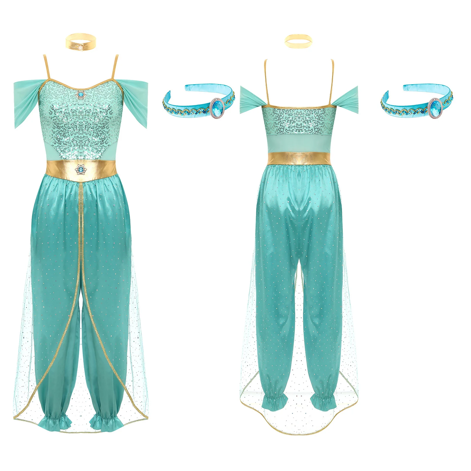 Women Arabian Princess Cosplay Costume Shiny Sequin Mesh Jumpsuit with Choker Gems Headband for Halloween Theme Party Carnival