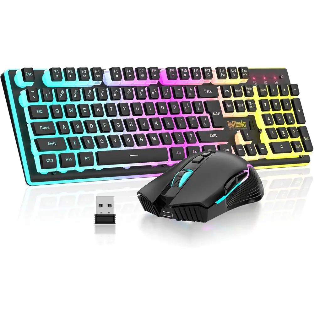 

Rechargeable RGB Backlit Gaming Keyboard and Mouse Set, 3800mAh Battery, Mechanical Keypad with Pudding Keys, 3200DPI Optical Mo