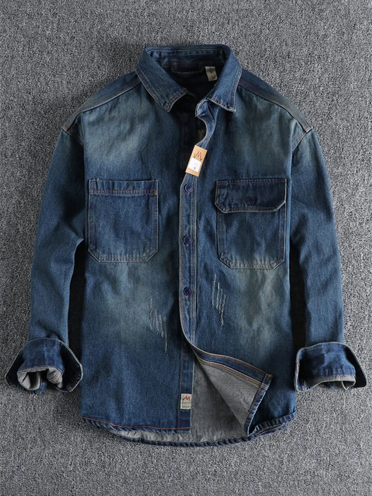 Autumn American Retro Heavyweight Denim Cargo Shirt Men\'s Fashion Pure Cotton Washed Old Long Sleeve Double Pocket Casual Tops