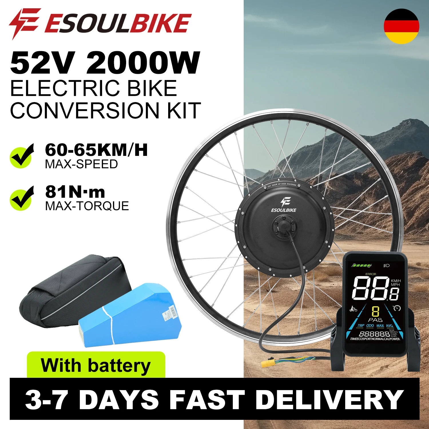 ESOULBIKE Kit di Conversione per Ebike a Trazione Posteriore 52V 2000W, Kit Motore Brushless per Ruota Posteriore con Batteria al Litio da 35Ah, Compatibile con Biciclette da 26", 27.5", 28", 29" e