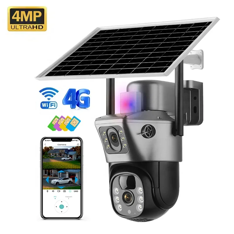 

Беспроводная уличная 4G PTZ-камера 2026 года с панорамным обзором 4 МП, Wi-Fi, солнечной батареей, двумя объективами, прожектором и автоматическим отслеживанием