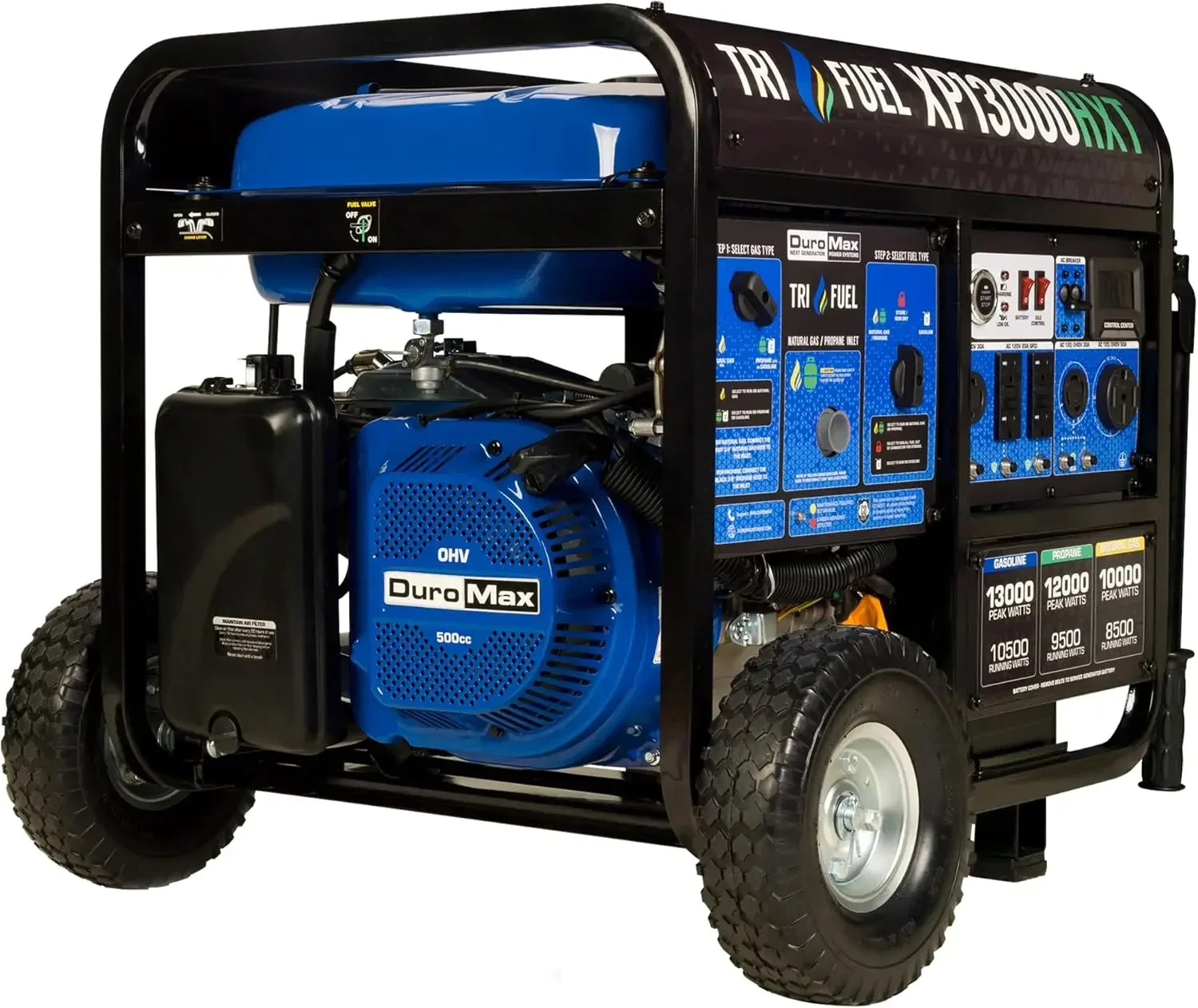 XP13000HXT Generador portátil de gas natural propano de gas tri combustible de 13,000 vatios y 500 cc con alerta de CO, negro/azul