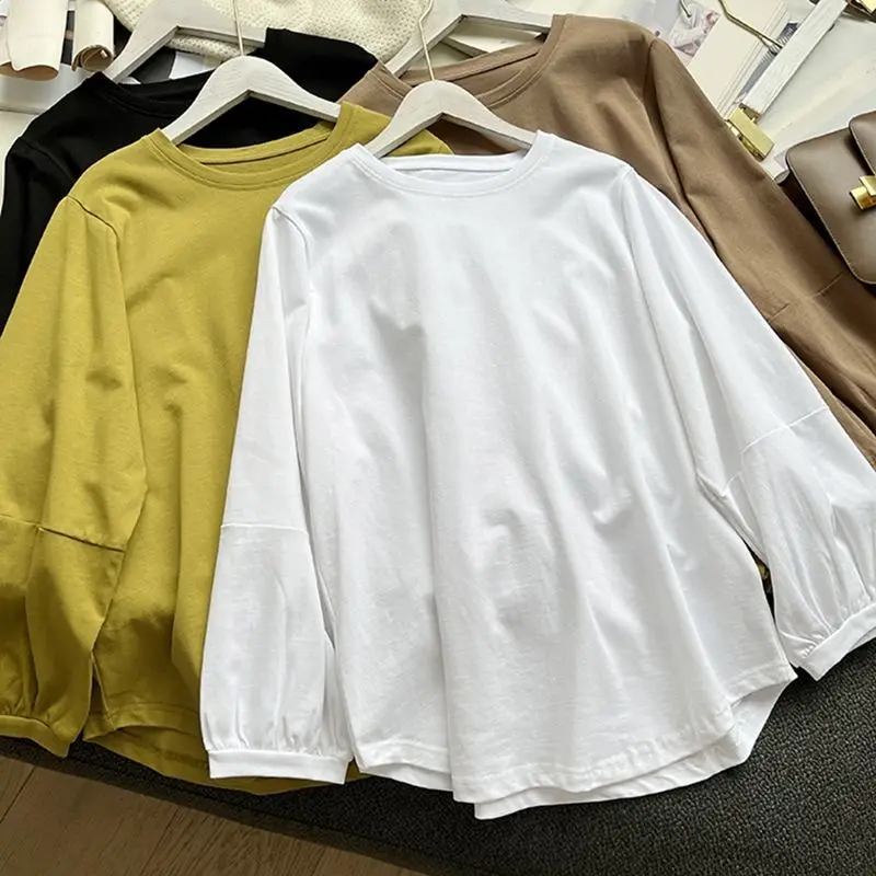 

Solid Color Plus Size Street Casual Tops Spring Simplicity Quarter Sleeve Loose Office T Shirts Fashion Vintage Women Clothing
