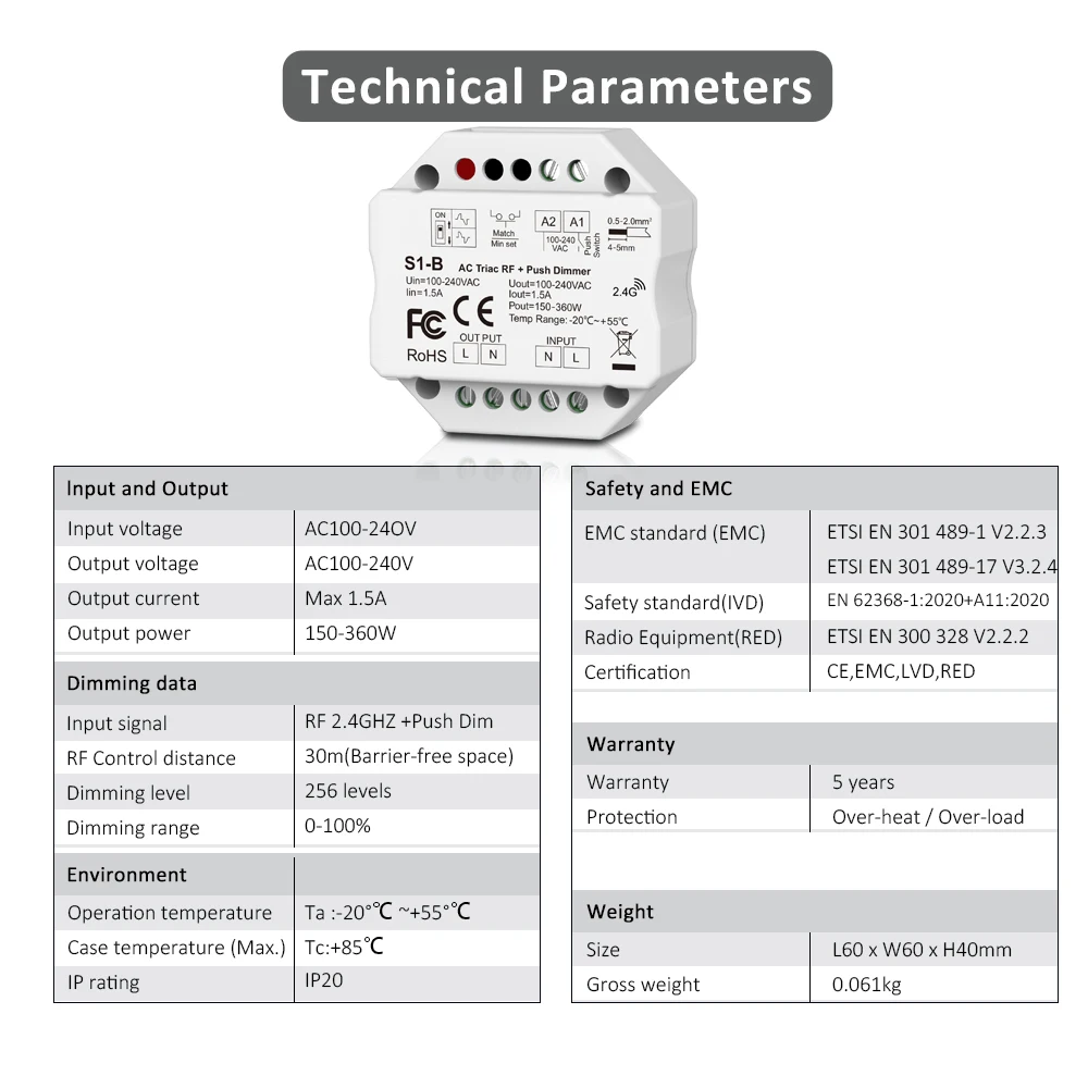 MJJC 110V 220V 230V AC LED Triac Dimmer for Single Color Strip Light Bulb Lamp 2.4G Wireless RF Remote Control S1-B Dimer