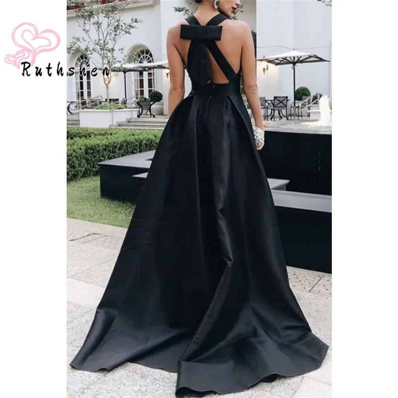 

V Neck Sexy Black Evening Dresses for Woman 2023 Criss Cross Back Bowknot Party Prom Wear Sweep Train Vestidos De Gala