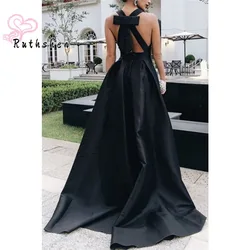 V Neck Sexy Black Evening Dresses for Woman 2023 Criss Cross Back Bowknot Party Prom Wear Sweep Train Vestidos De Gala