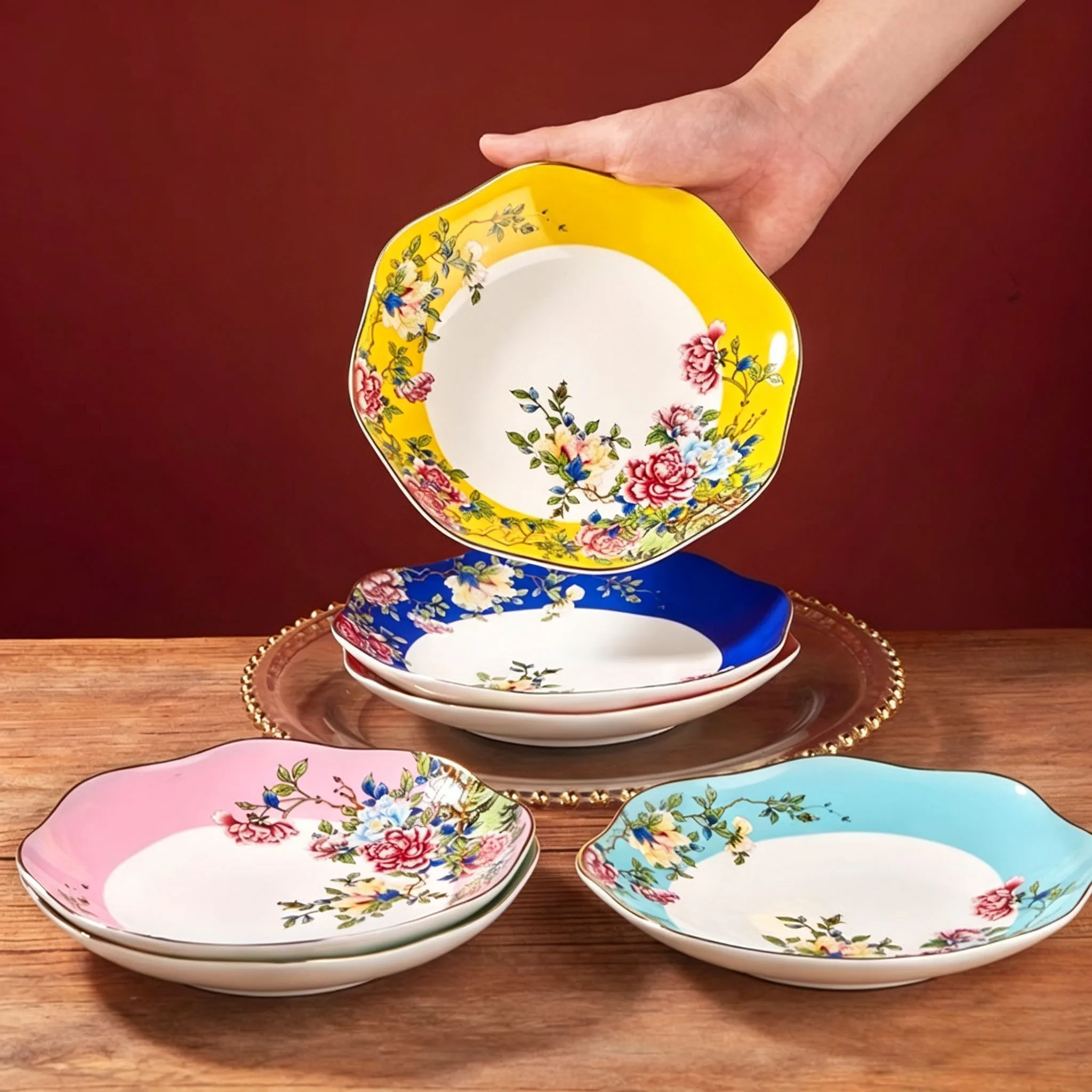 Enamel Color Ceramic Plate Creativity Peony Lace Dinner Plates Chinese-style Gold Outline Dessert Fruit Dishes Hotel Tableware