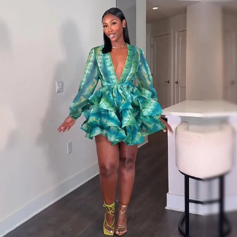 Elegant Sexy Mini Gowns Classic Green Waist Tie Tiered Ruffle Hem Dresses Summer Stylish Women Night Out Party Outfits