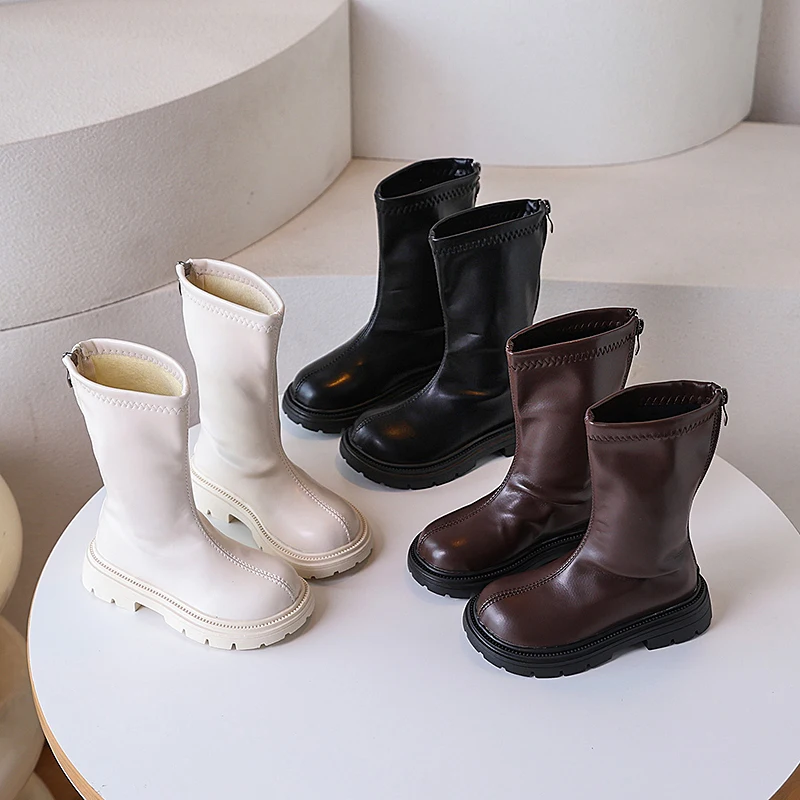 أحذية الخريف للأطفال جولة تو تنوعا الفتيات منتصف العجل الأحذية أزياء الاطفال عارضة الأميرة منصة الأحذية الجلدية عدم الانزلاق