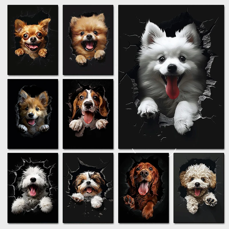 Pósteres divertidos del perro en la hendidura, estampado de perro Norwich Terrier Lhasa Apso, pintura en lienzo, imágenes de pared, decoración para el hogar y la habitación de los niños