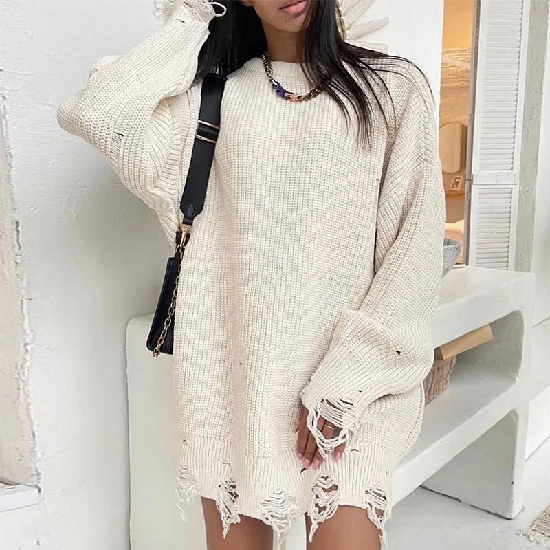 Hollow Out Design Long Sweater Women Clothing Knitted Pullover Tops Winter Clothes Female Jersey Outfits Loose Casual Knitwear