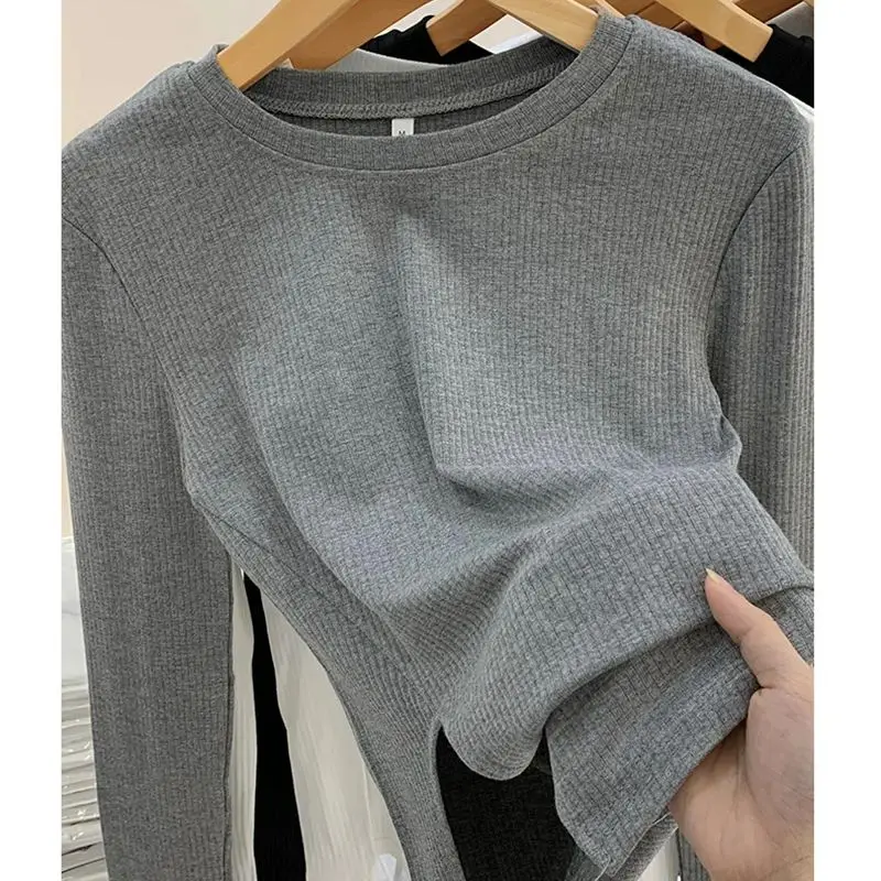 Solid Long Sleeved T-shirt O-Neck Thread Bottoming Shirt Women\'s 2024 Spring Autumn New Korean Fashion Fit Inner Fitting Top