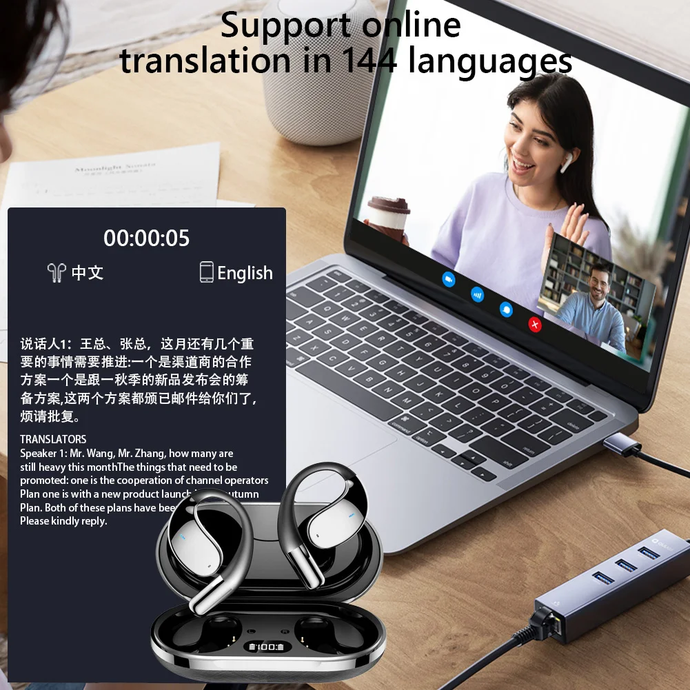 AI مترجم سماعات الأذن سديم APP مجاني بشكل دائم مكالمة فيديو ترجمة بلوتوث 5.4 HiFi لغة الصوت ترجمة سماعات الأذن