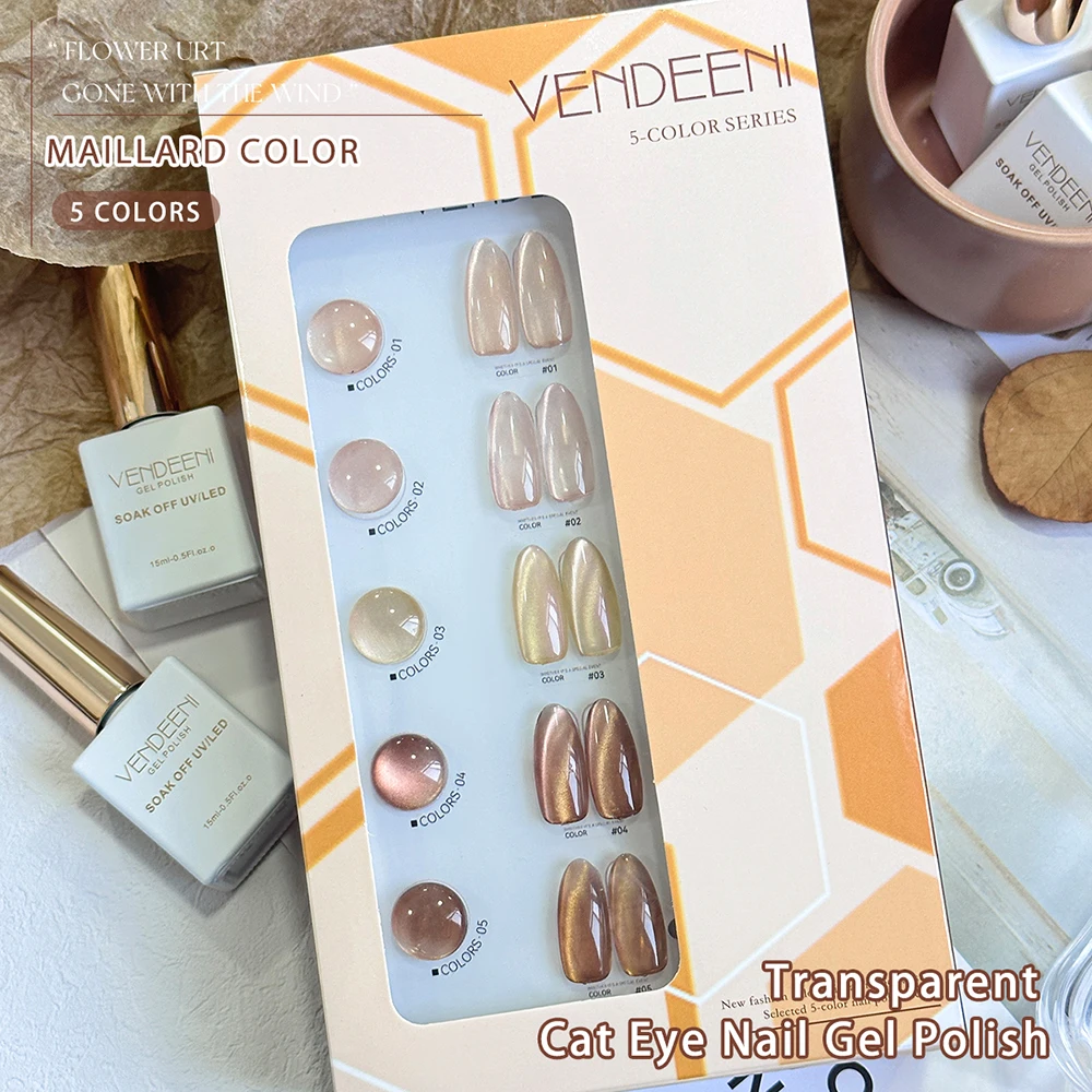 Vendeeni 5 Farben/Set Kristall-Katzenaugen-Gel-Nagellack Magnetischer UV-Soak-Off-Gel-Lack Braun Nude Rosa Gel-Lack mit Display – Detail 12