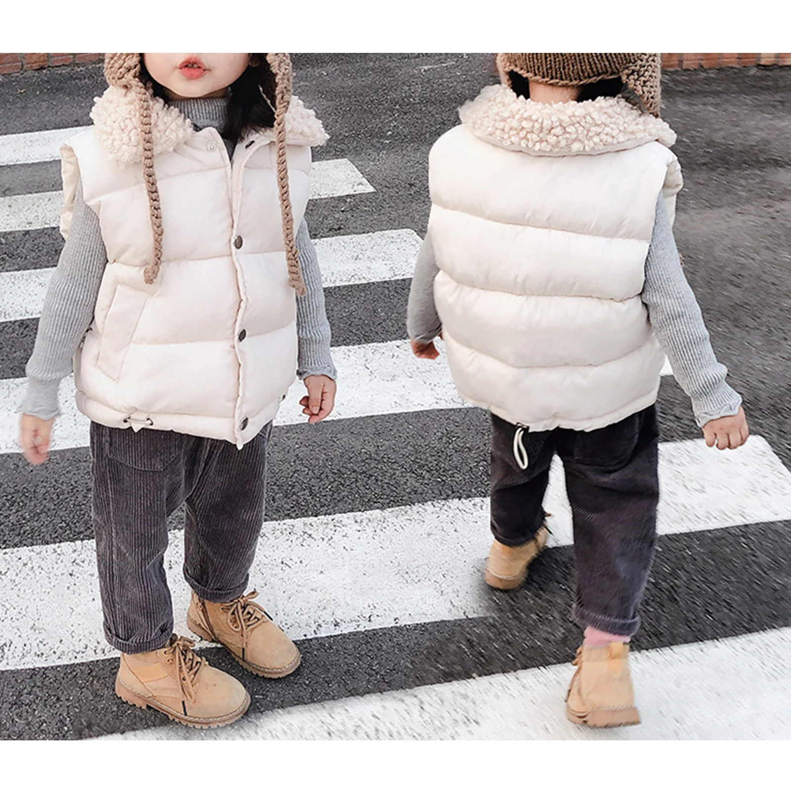 1-10Y Boys Girls Casual Warmer Vest Coat Tops Turndown Collar Fleece Plush Thicken Waistcoat Outerwear Streetwear Loungewear