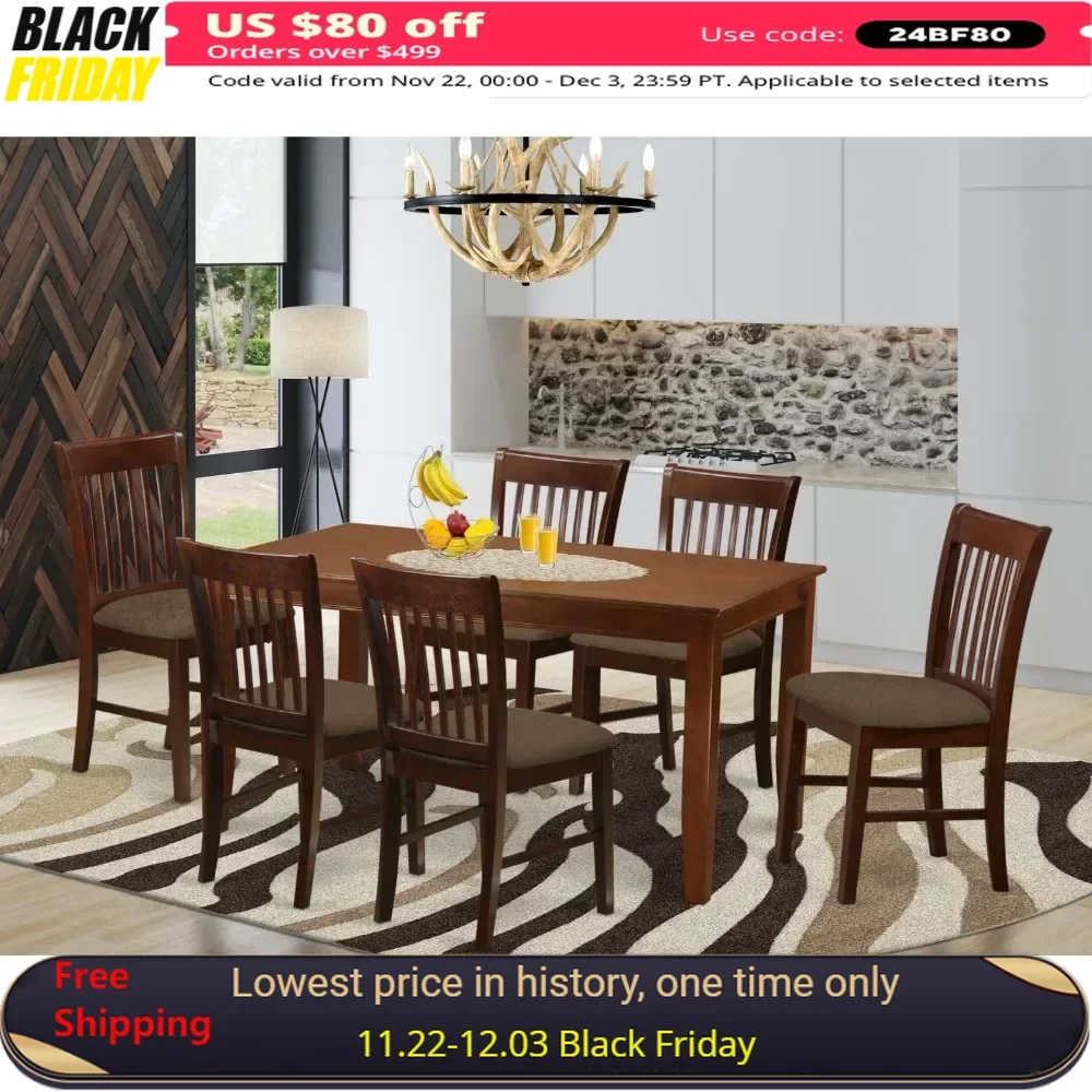 7 Piece Dining Table Set, Consist of Rectangle Kitchen Table and 6 Linen Fabric Upholstered Chairs, 36x60 Inch Dining Room Set