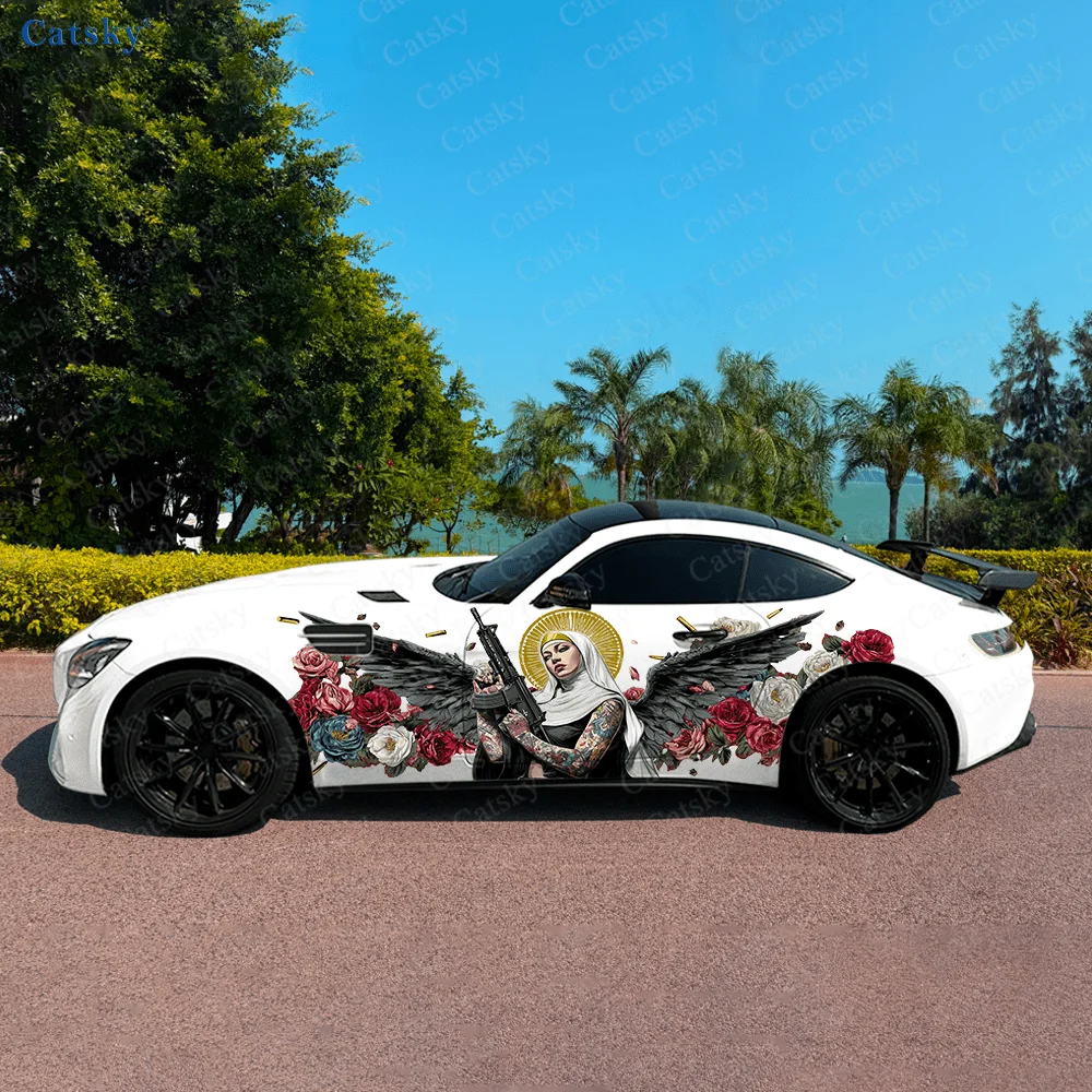 

Виниловая наклейка с крылатой монахини, красочный цветок, автомобильная виниловая наклейка, самоклеящаяся наклейка из ПВХ, подходит для грузовиков, внедорожников, декор, автоаксессуары, подарок