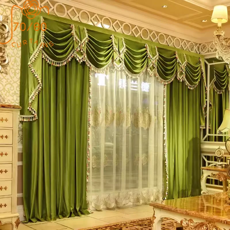 American Velvet Curtains for Living Room Bedroom Neoclassical Flannel EuropeanCurtain Head Green Finished Product Customization