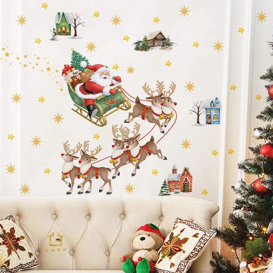 Whimsical Christmas Santa Sleigh Wall Stickers Removable Self-Adhesive Reindeer Mini Houses For Living Room Shop Entrance Decor