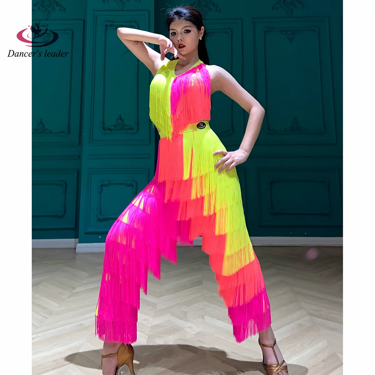 

Latin Dance AB Diamond Female Adult Children High-End Customized Three Color Tassel Splicing Tango Samba Performance Dress