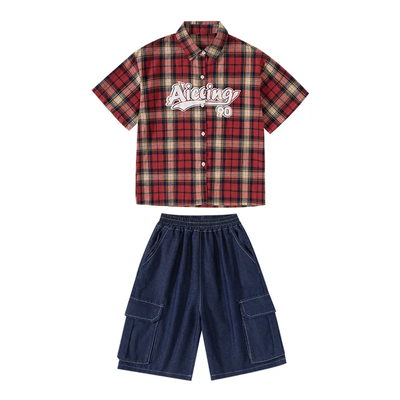 Jongens Ballroom Hip Hop Danskostuums Meisjes Losse Geruite Shirt Denim Shorts Set Mode Streetwear Groep Jazz Prestaties Slijtage