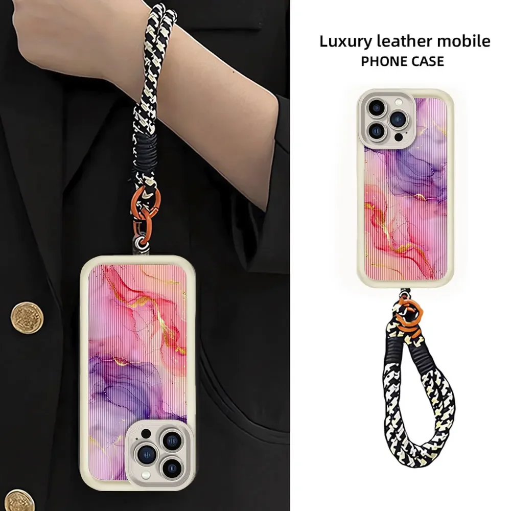 Marble Case For iPhone15 Pro Max 14 16 13 12 11 Pro XS 7 8 Plus 5 SE Case Lanyard Bracelet Soft Silicone Leather-Grain Cover