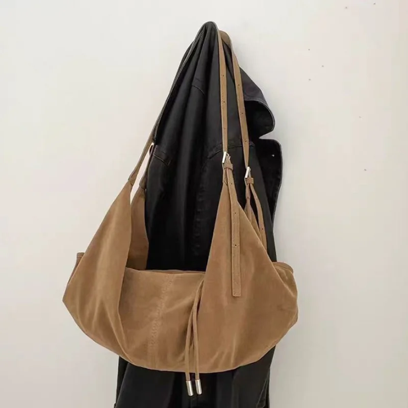 

Замшевая сумка в форме лодки в стиле ретро, сумка через плечо с двумя ремнями, повседневная сумка из мягкой кожи, универсальная минималистичная однотонная сумка