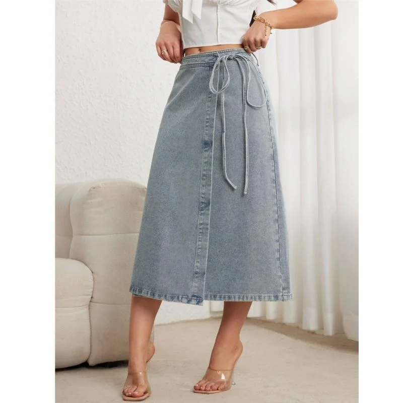2026 Summer Girls Fashion Denim Skirt Lady Classic A-line Tie Waist High Waist Midi Skirt Female Korean Elegant Jeans Dress