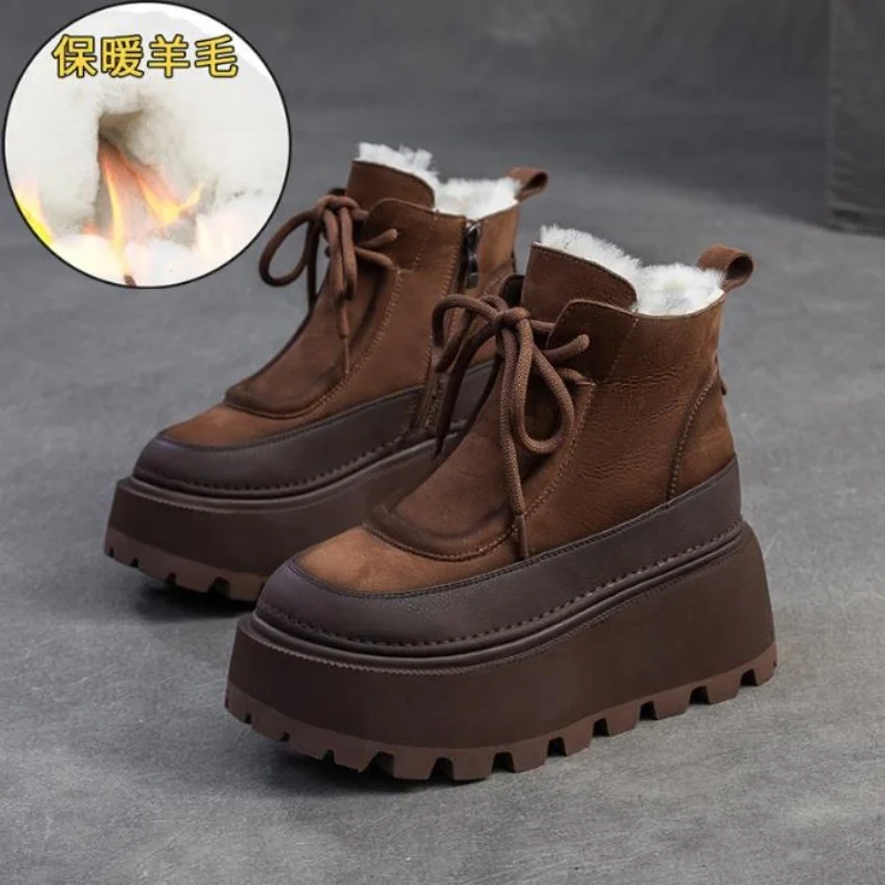 6.5cm Women Genuine Leather Snow Boots Platform Warm Winter Ankle Boots Natural Wool Fur Booties Thick Sole Shoes 35-40