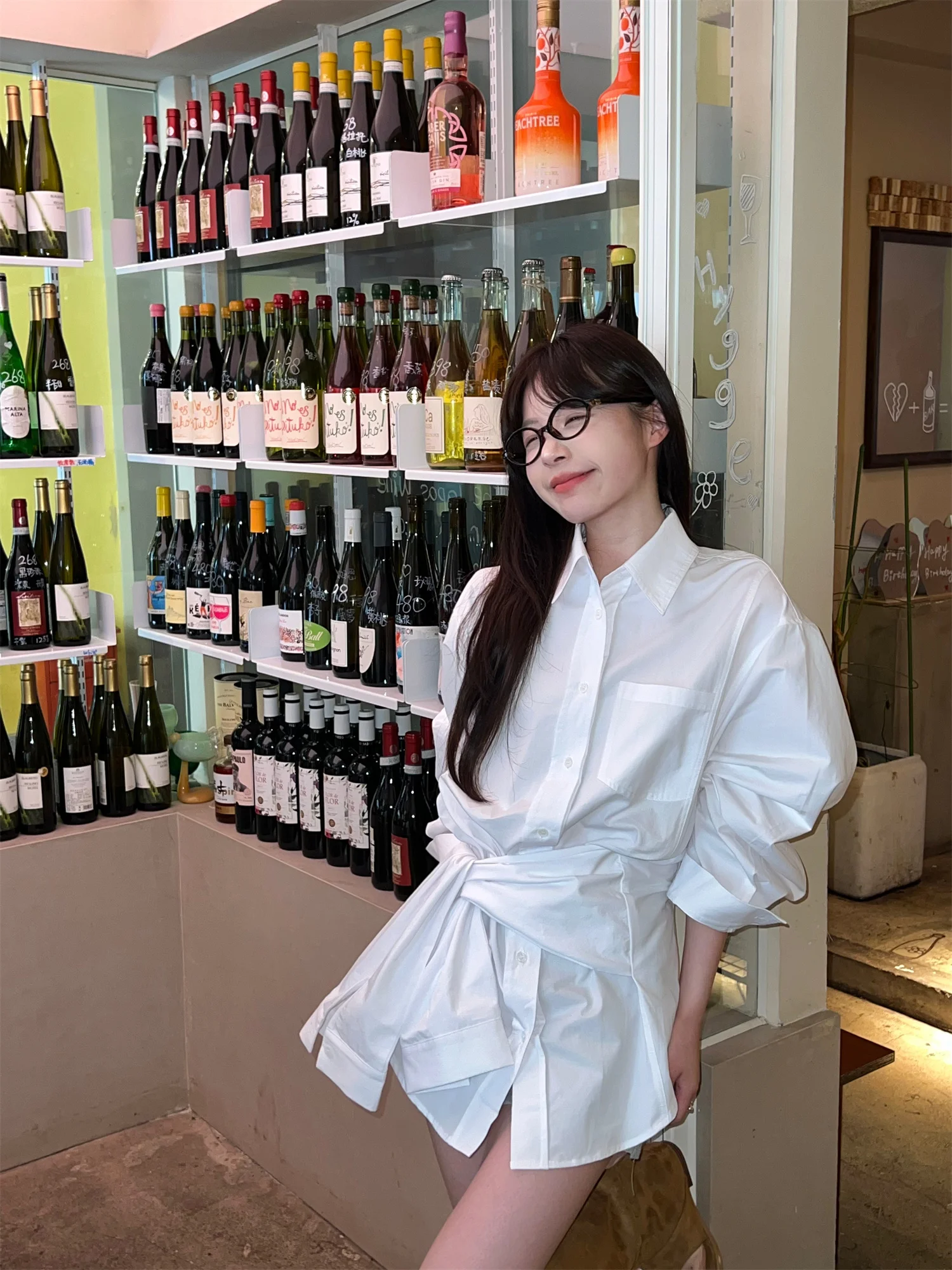 Witte stijlvolle overhemdjurk in Koreaanse stijl - Oversized tuniektop met lange mouwen