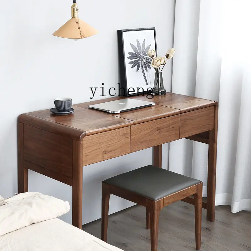 

ZK Nordic Black Walnut Wooden Dressing Table Simple Log Multi-Functional Desk Small Apartment