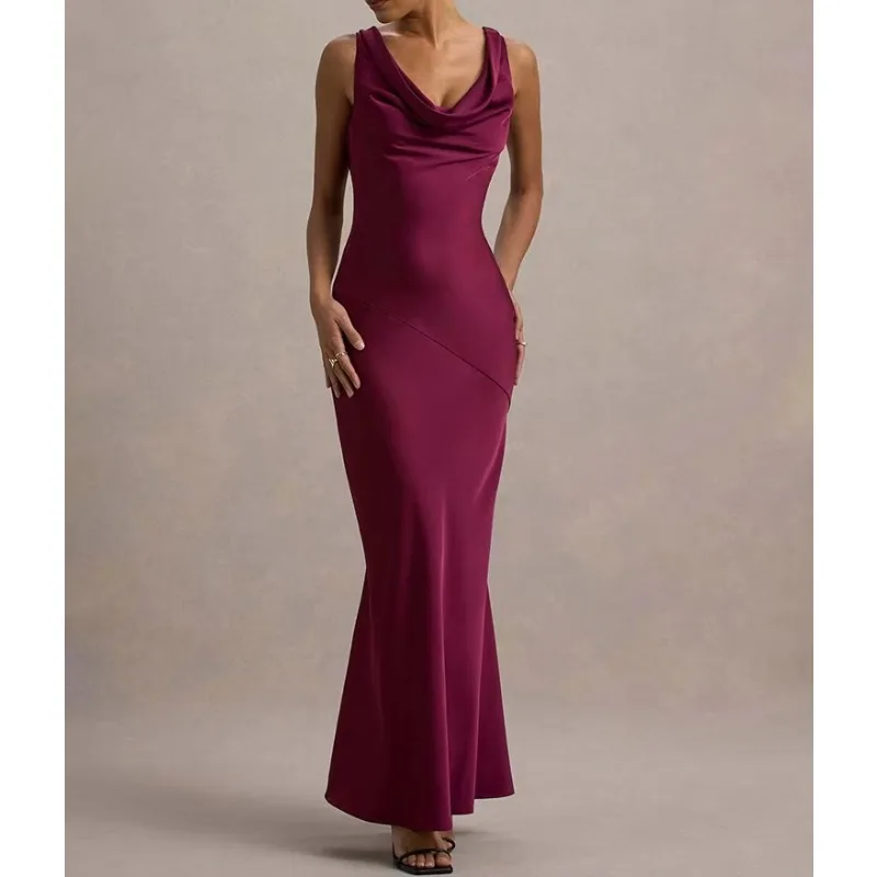 Satin Cowl Neck Backless Sexy Maxi Dress Women Gown Fashion Sleeveless Lace-up Bodycon Club Party Long Dress Female