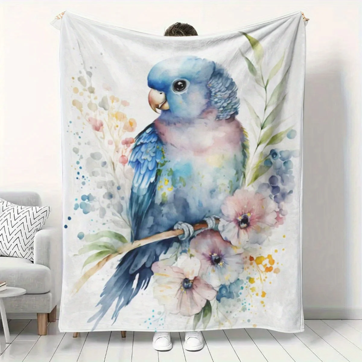 Watercolor Parrot Floral Blanket Throw Boho Tropical Bird Art Nursery Decor Washable Cozy Sofa Accent Wall Tapestry