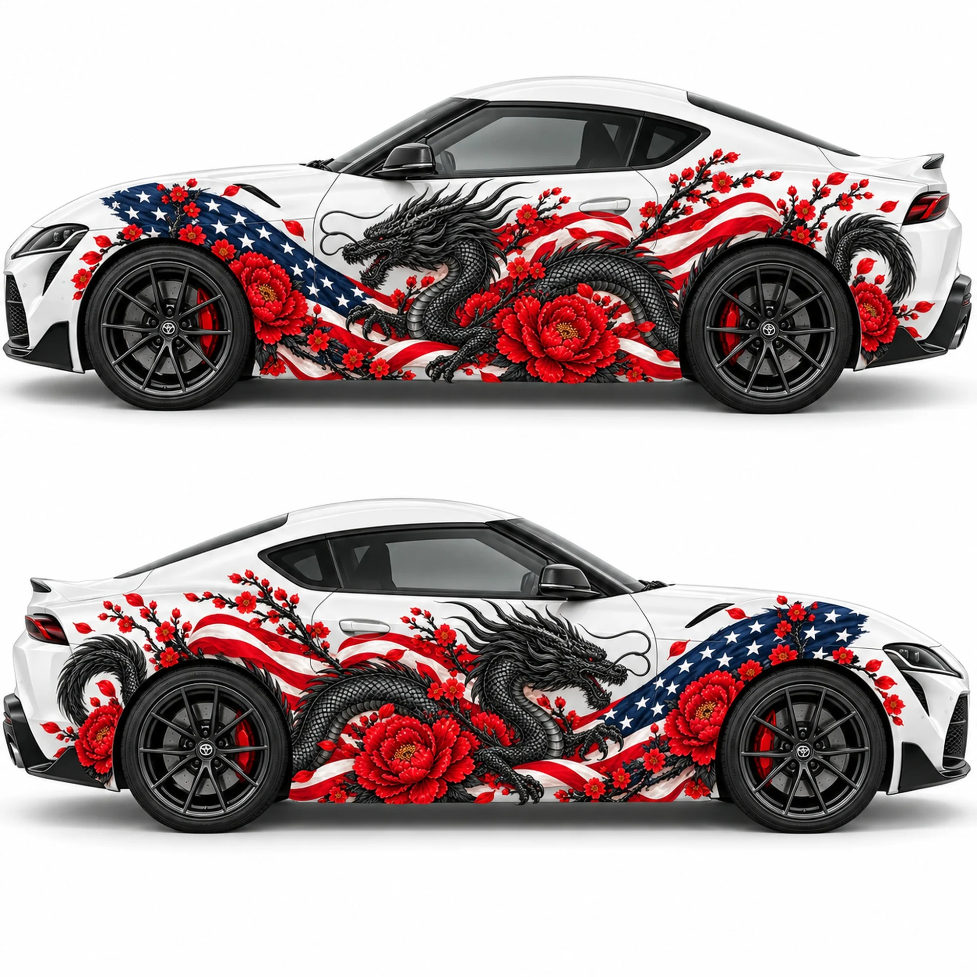 2 PCS American Flag Black Dragon Red Peony Car Side Decals, Die-Cut Vinyl Sticker Set