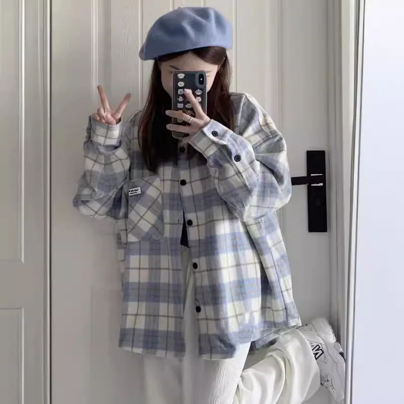 

Plaid Shirts Women New Autumn Hong Kong Style Long Sleeve Loose Single Breasted Pocket Tops Thin Sun Protection Cozy OL Street