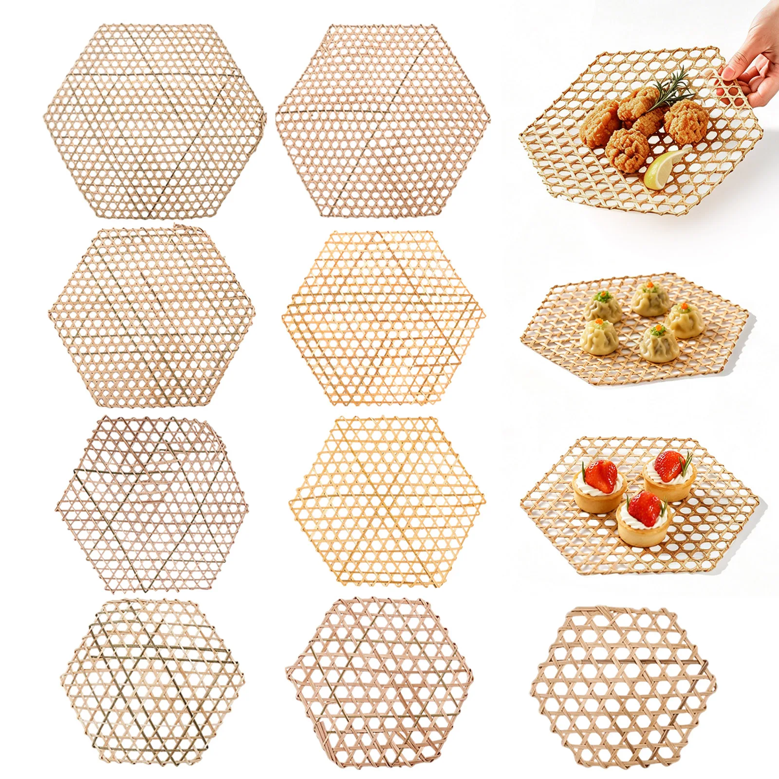 5pcs Natural Hexagon Placemat Set Bamboo Woven Insulation Pad Set Non-Stick and Heat-resistant Mat for Dining Table