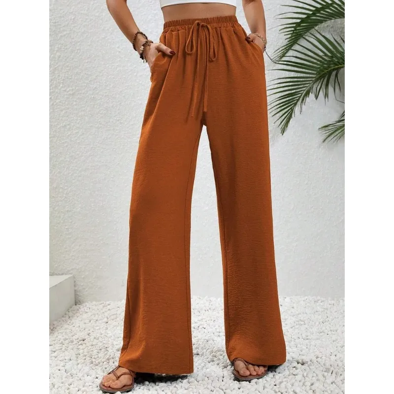 2025 Women's Casual Lace Up Thigh Pants Spring Summer New Solid Color Floor Sweeping Wide Leg Trousers Pocket Long Khaki Pant
