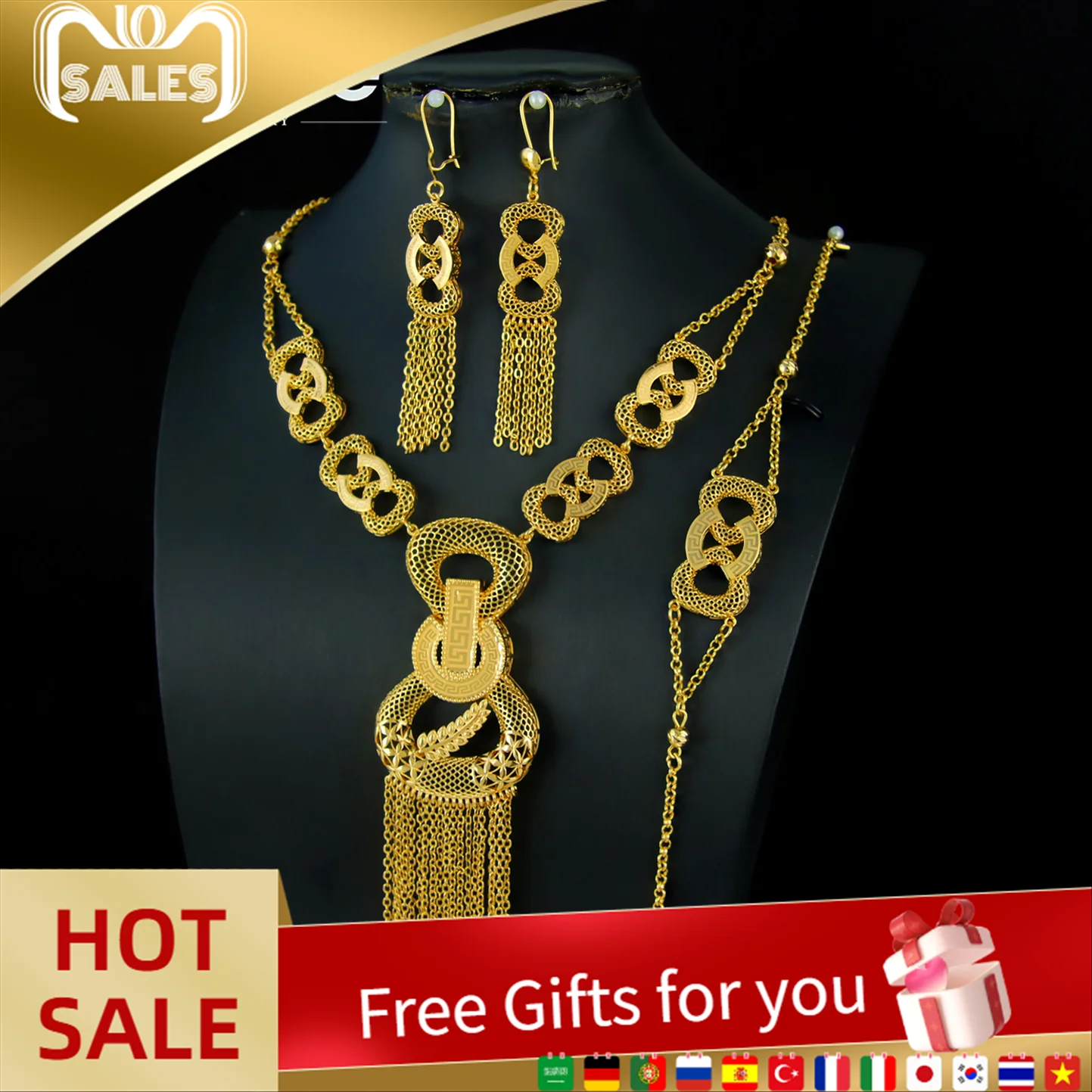 

Luxury Dubai Bridal Wedding Jewelry Set 24k Gold Plated Algeria Premium Vintage Long Pendant Necklace Arabic Marry Jewelrys