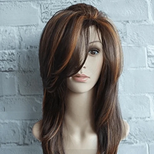 Imagen 2 del producto Peluca de mujer Lino Mezcla Marrón Beige Pelo liso medio largo Pelucas de fibra sintética de alta temperatura