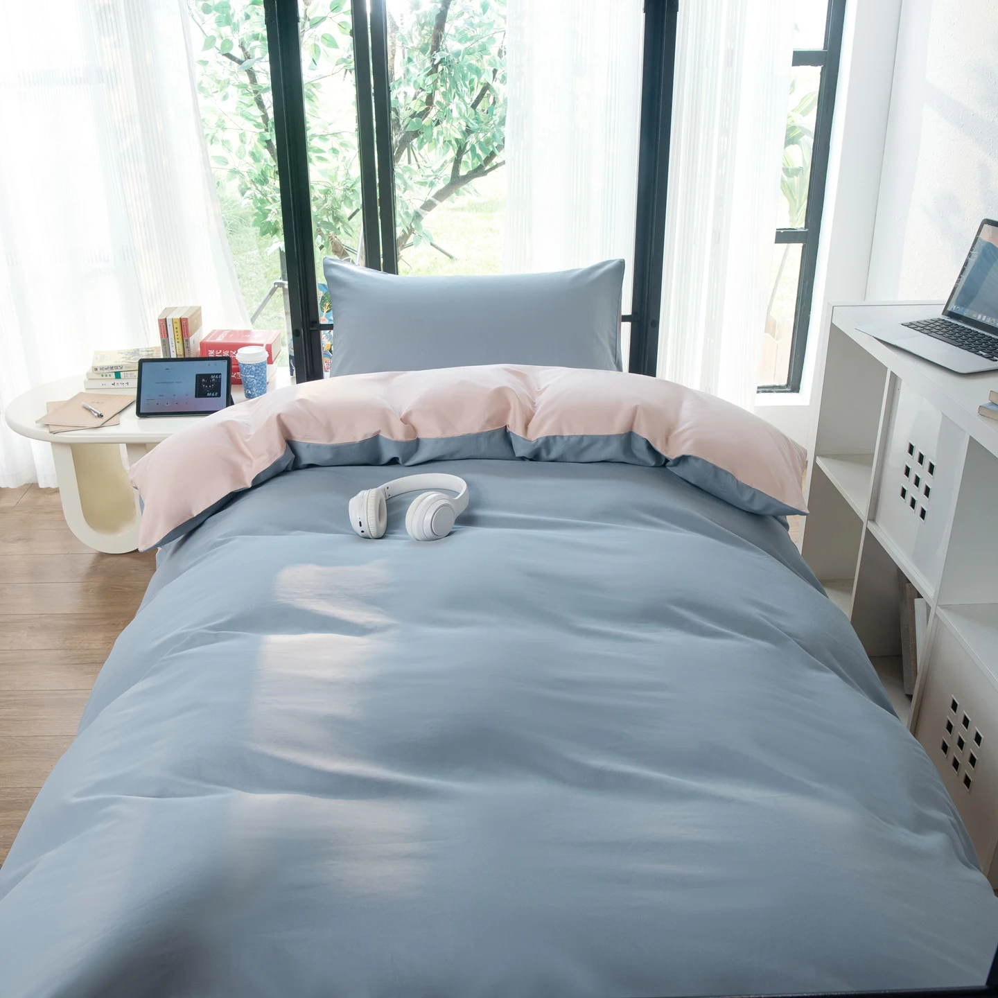 Minimalism Solid color Bedding Set, 100% Cotton 3pcs Set Single Size, Back to School Season for Student Dormitory Decoration