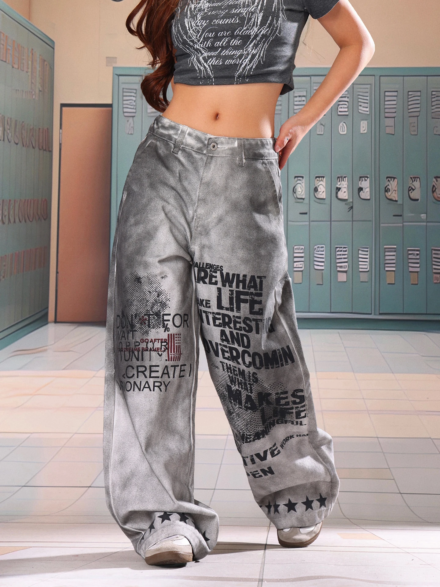 

Светло-голубые джинсы в американском стиле с граффити и эффектом потертости, женские свободные широкие длинные брюки, модные весенне-летние брюки