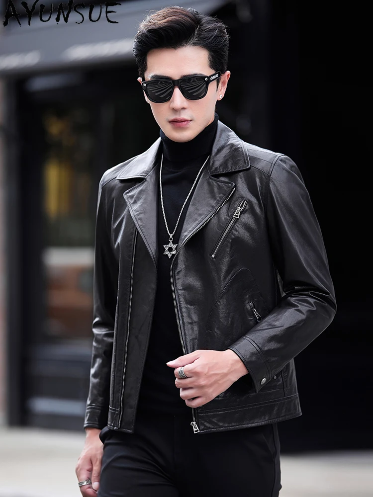 AYUNSUE 100% Real Goatskin Jacket Men Genuine Leather Jackets Man Motorcycle Clothing Slim-fit Short Natural Leather Coat 2025
