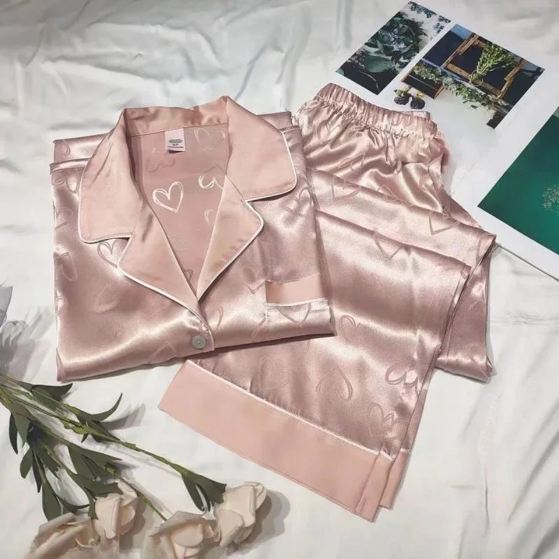 longsved-simulation-silk-pajamas-women's-autumn-home-clothes-comfortable-breathable-sleepwear-eight-sleeve-open-collar-design