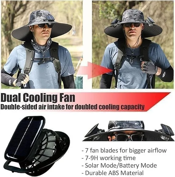 

Solar Rechargeable Single/Dual Fan Fisherman Hat Outdoor Big Brim Sunscreen Quick Dry Fishing Hat Portable Mute Fan Caps for Man