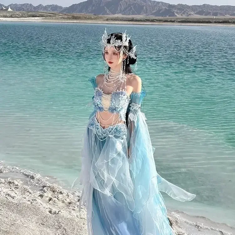 Nuevo vestido Hanfu original, princesa sirena exótica, estampado gradual, bordado, elementos chinos, conjunto de disfraz de cosplay de hadas