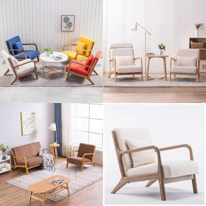 Solid Wood Frame Fabric Lazy Single Sofa Chair Modern Comfortable Armchair Living Room Bedroom Reading Lounge