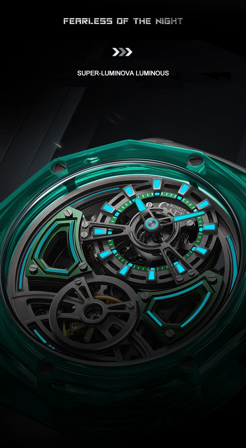 BONEST GATTI Мужские автоматические часы 45 мм Механические наручные часы Акриловый корпус Сапфировый светящийся ремешок из фторкаучука Скелетонизированный циферблат